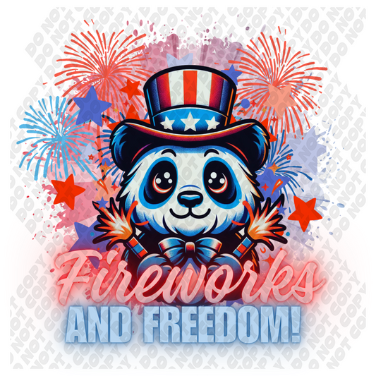 Fireworks And Freedom Panda 4th of July DTF Transfer