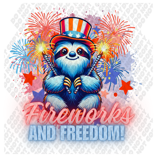 Fireworks And Freedom Sloth 4th of July DTF Transfer
