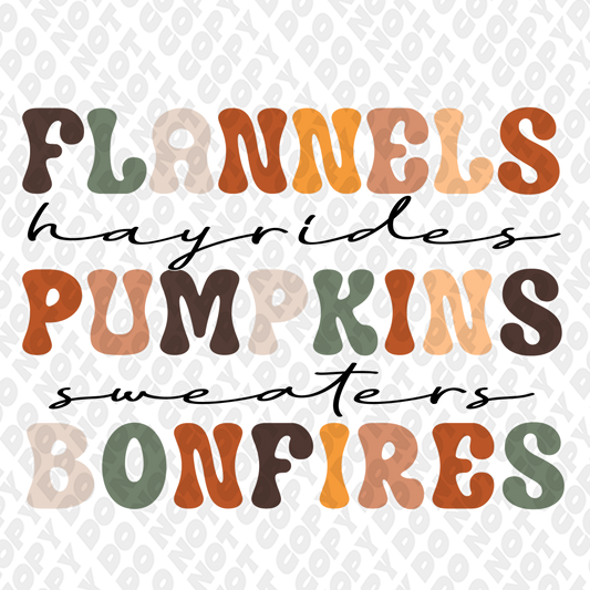 Flannels Hayrides Pumpkins Sweaters Bonfires DTF Transfer