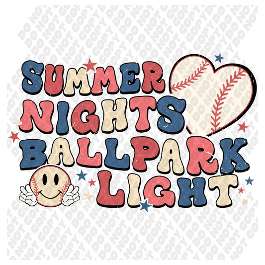 Summer Nights Ballpark Lights Baseball DTF Transfer