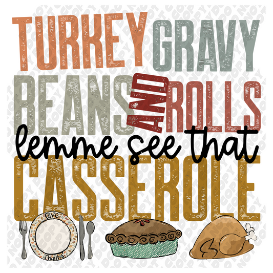 Turkey Gravy Beans and Rolls Casserole DTF Transfer