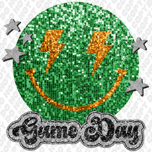 Green  Dark Yellow Glitter Game Day Smiley