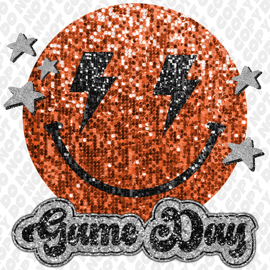 Dark Orange Black Glitter Game Day Smiley