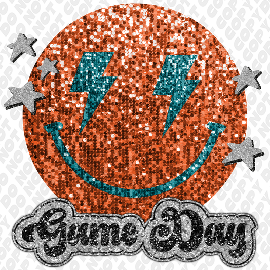 Dark Orange  Light Blue Glitter Game Day Smiley