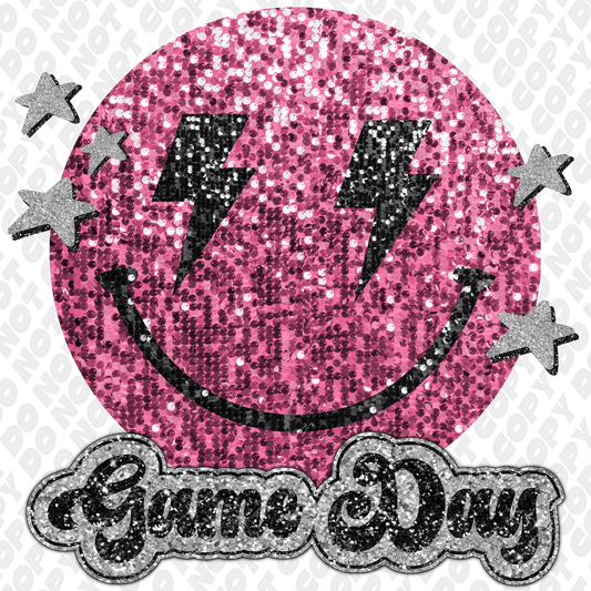 Dark Pink Black Glitter Game Day Smiley