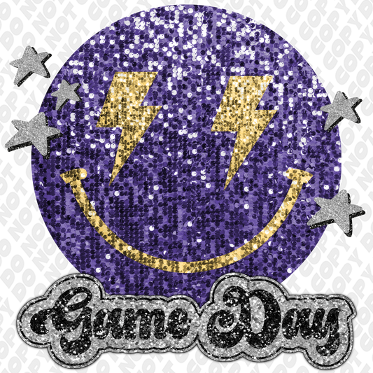 Purple Light Yeloow Glitter Game Day Smiley
