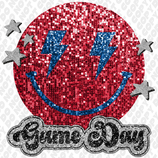 Dark Red Blue Glitter Game Day Smiley