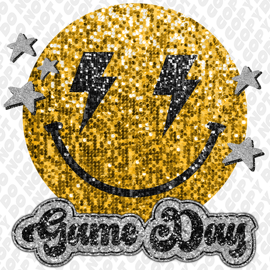 Yellow Black Glitter Game Day Smiley