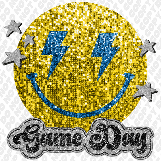 Yellow Light Blue Glitter Game Day Smiley