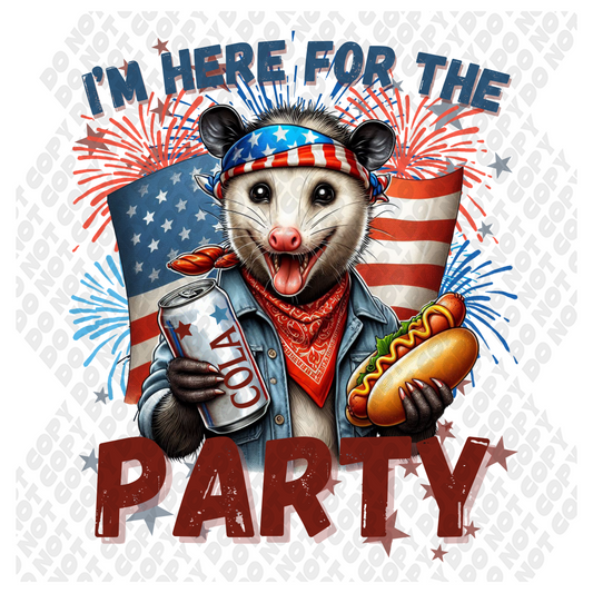 I'm Here For The Party Opossom 4th of July  DTF Transfer