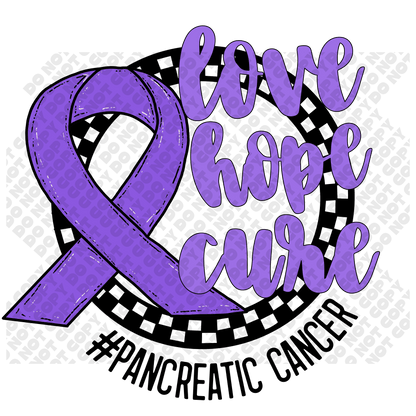 Love Hope Cure Pancreatic Cancer Purple Ribbon Awarness DTF Transfer